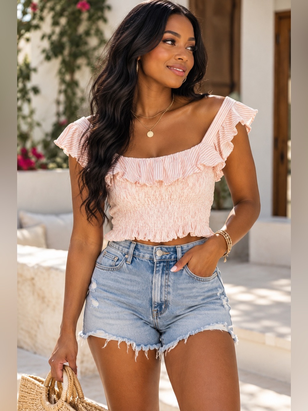 Vintage Havana Pink White Striped Smocked Off Shoulder Crop Top Ruffle - Size M
